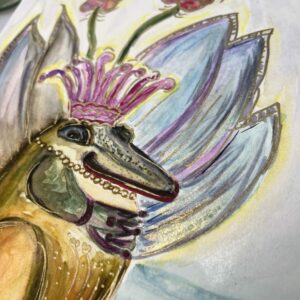 Froschkönigin mit Krone und Perlenkette auf einem Seerosenblatt, leuchtende Farben, ruhige Haltung, Aquarell von Claudia Edelmayer-Murri