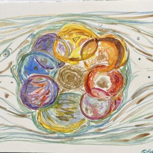 Aquarell „Raum für deine Insel“ – Blütenartige Kreise in leuchtenden Farben mit goldener Mitte, umströmt von Wasser, mit vielen Goldakzenten
