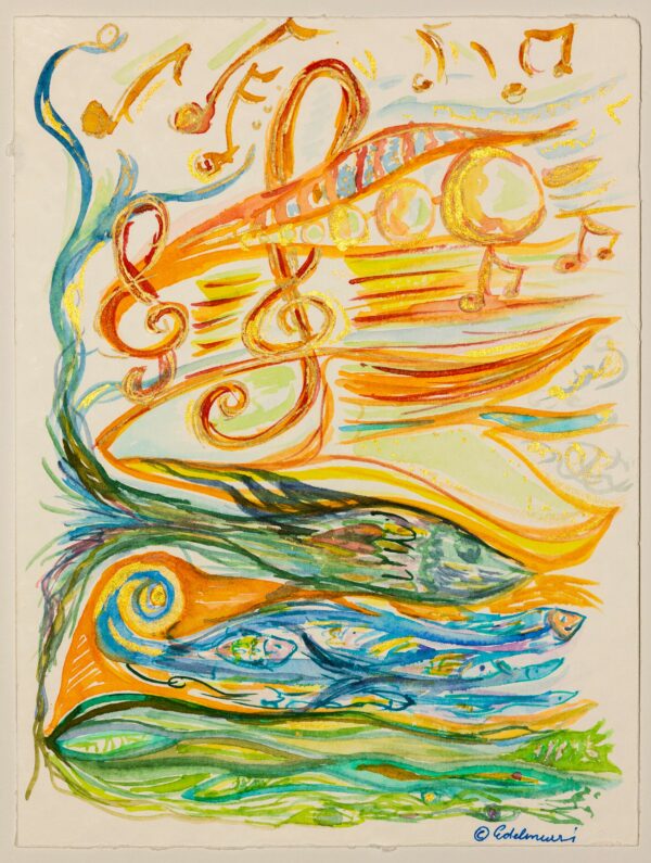 Aquarell „Meine Lebensmelodie“ mit goldenem Violinschlüssel und Noten im oberen Bereich, Fischen im unteren Wasserbereich in Blau-Grün-Tönen.