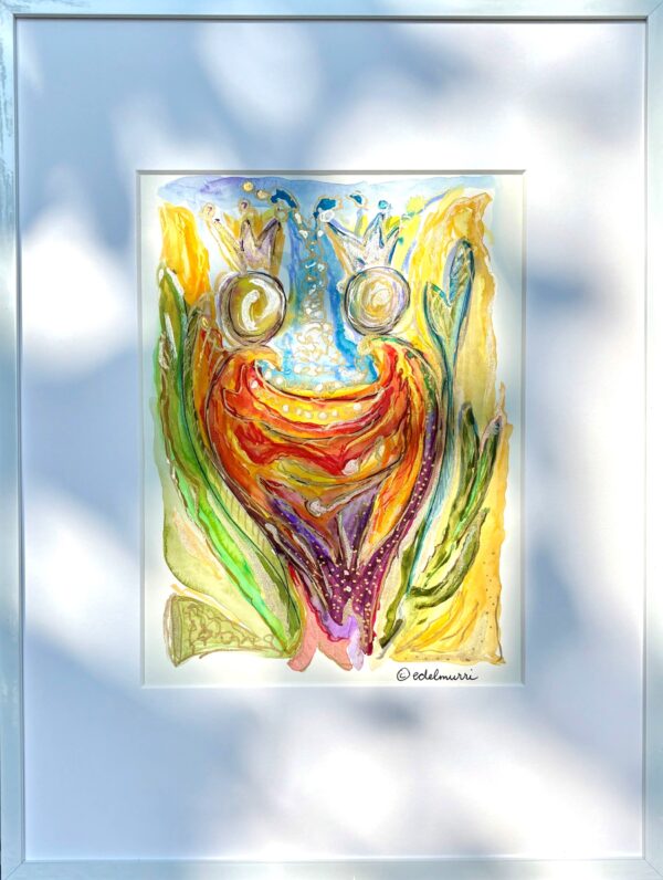 Aquarell „Feel Connected“ mit zwei gekrönten, einander zugewandten Wesen, verbunden durch leuchtende Energien und goldene Akzente – Ausdruck von Resonanz und innerer Verbindung.