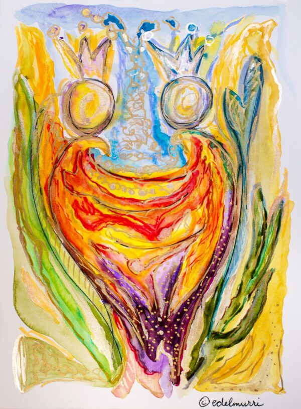 Aquarell „Feel Connected“ mit zwei gekrönten, einander zugewandten Wesen, verbunden durch leuchtende Energien und goldene Akzente – Ausdruck von Resonanz und innerer Verbindung.