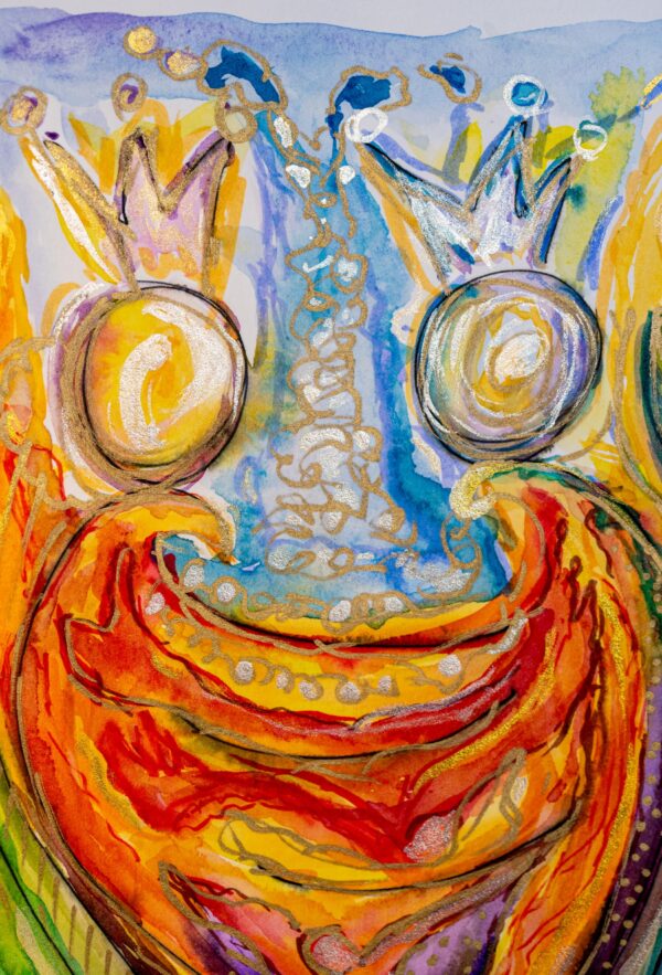 Aquarell „Feel Connected“ mit zwei gekrönten, einander zugewandten Wesen, verbunden durch leuchtende Energien und goldene Akzente – Ausdruck von Resonanz und innerer Verbindung.