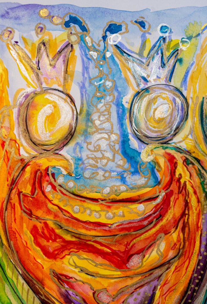 Aquarell „Feel Connected“ mit zwei gekrönten, einander zugewandten Wesen, verbunden durch leuchtende Energien und goldene Akzente – Ausdruck von Resonanz und innerer Verbindung.