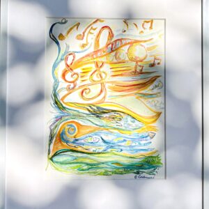 Aquarell „Meine Lebensmelodie“ mit goldenem Violinschlüssel und Noten im oberen Bereich, Fischen im unteren Wasserbereich in Blau-Grün-Tönen.