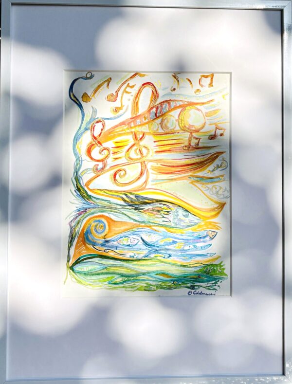 Aquarell „Meine Lebensmelodie“ mit goldenem Violinschlüssel und Noten im oberen Bereich, Fischen im unteren Wasserbereich in Blau-Grün-Tönen.