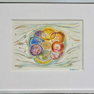 Aquarell „Raum für deine Insel“ – Blütenartige Kreise in leuchtenden Farben mit goldener Mitte, umströmt von Wasser, mit vielen Goldakzenten