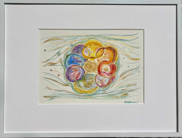Aquarell „Raum für deine Insel“ – Blütenartige Kreise in leuchtenden Farben mit goldener Mitte, umströmt von Wasser, mit vielen Goldakzenten