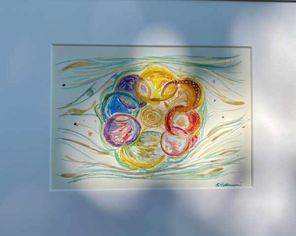 Aquarell „Raum für deine Insel“ – Blütenartige Kreise in leuchtenden Farben mit goldener Mitte, umströmt von Wasser, mit vielen Goldakzenten