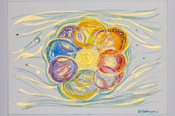 Aquarell „Raum für deine Insel“ – Blütenartige Kreise in leuchtenden Farben mit goldener Mitte, umströmt von Wasser, mit vielen Goldakzenten