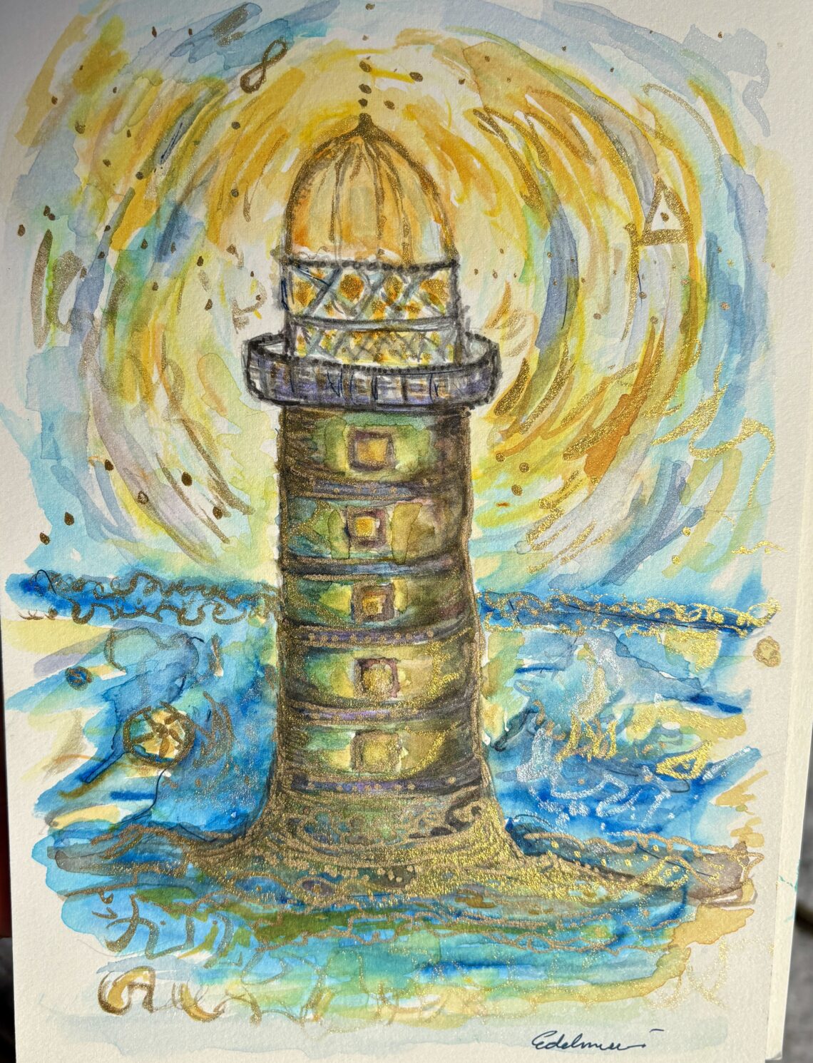 Strahlender Leuchtturm Aquarell 26x18, von Claudia Edelmayer-Murri