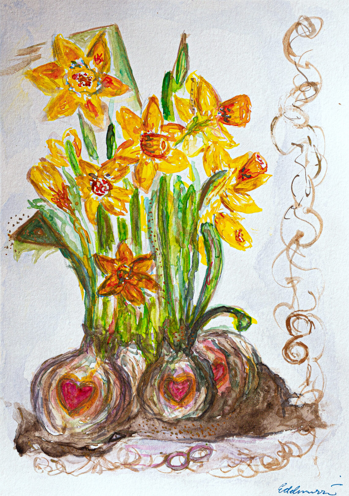 Krafbild 51 Wachstum - Aquarell Narzissen mit Zwiebel von Claudia Edelmayer-Murri